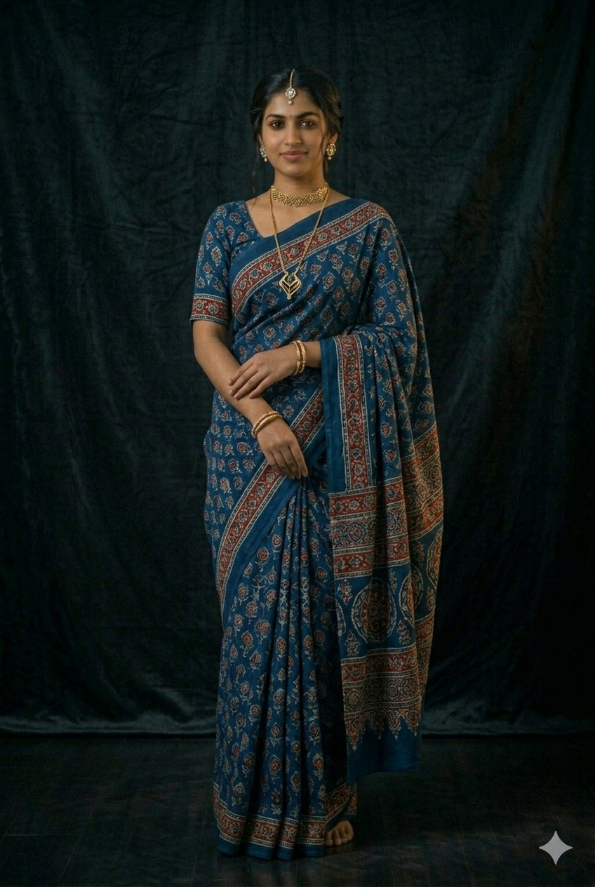 Ajrakh Modal Cotton Saree in Blue from Our Collection for Breathable Hand-Block Printed Drapes